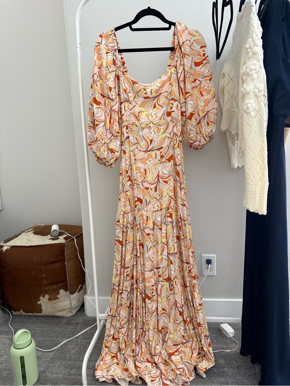 l*space Peach & Cream Floral Puff-Sleeve Maxi Dress